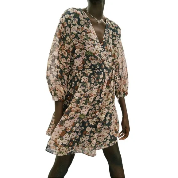 Madewell Drawstring Faux-Wrap Mini Dress in Daisy Reverie Sz S - Picture 1 of 16